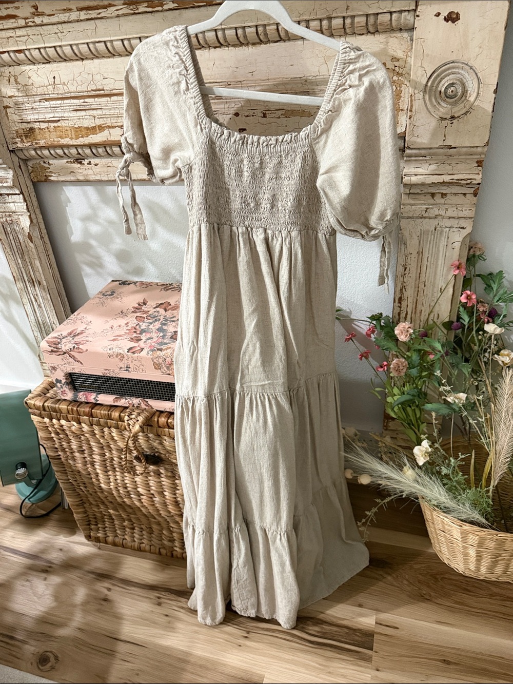 Opia Cream Tiered Smocked Maxi Dress